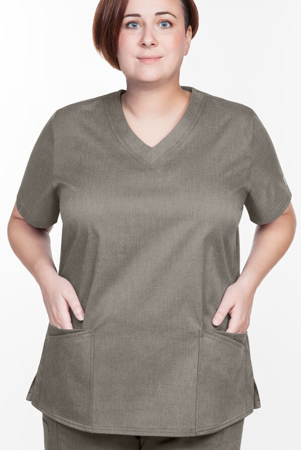 Blusa m&eacute;dica UA Butter-Soft STRETCH en talla grande con cuello en V y 4 bolsillos para mujer - Heather Grey - 2