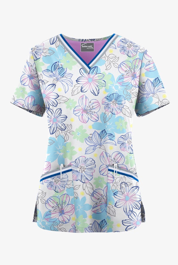 Butter-Soft STRETCH Floral Mirage Poolside View Women's 3-Pocket V-Neck with Trim Print Scrub Top - null - 1