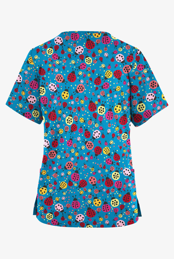 Butter-Soft Originals Ladybug Party Turquise Women's 2-Pocket V-Neck Print Scrub Top - null - 2