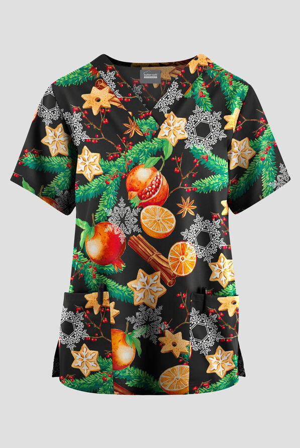 Butter-Soft Originals Christmas Spice Women's 2-Pocket V-Neck Print Scrub Top - null - 1