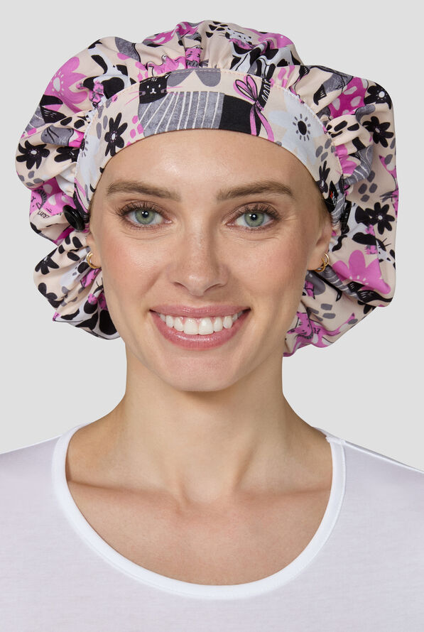koi Basics Everyday Floral Cats Unisex Print Bouffant Scrub Hat - null - 1