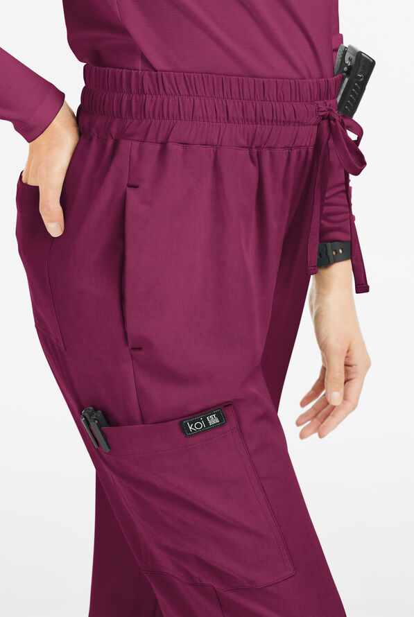 koi Basics Gemma Women's 5-Pocket STRETCH Cargo Jogger Scrub Pants - Wine - 2