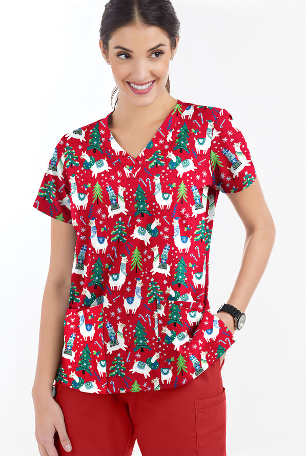 Butter-Soft Holiday Llamas Red Women's 4-Pocket Rounded V-Neck Print Scrub Top - null - 2