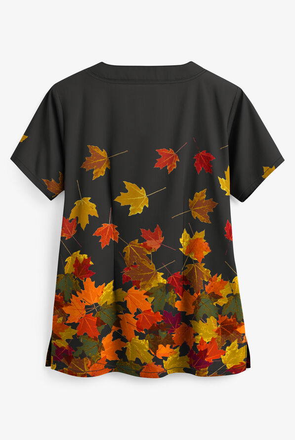 Butter-Soft Cascading Black Leaves Women's 2-Pocket  Scallop Neck Print Scrub Top - null - 2
