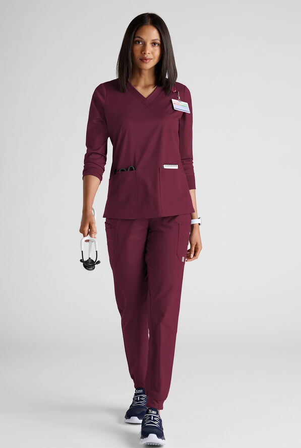 Butter-Soft STRETCH Women's 5-Pocket 3/4" Sleeve V-Neck Scrub Top - Wine - 3