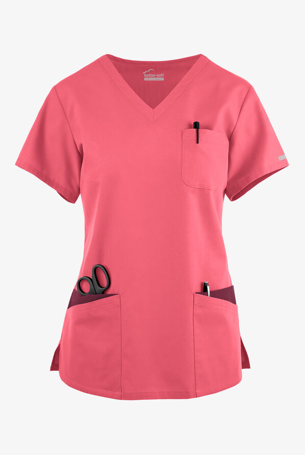 Blusa médica Butter-Soft Originals con cuello en V curvo y 7 bolsillos para mujer - Rouge Rose/Wine - 1