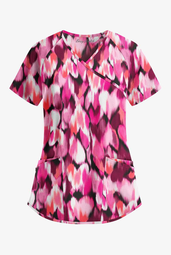 Easy STRETCH Love Garden Onyx Women's 4-Pocket Raglan Sleeve V-Neck Mock Wrap Print Scrub Top - null - 1