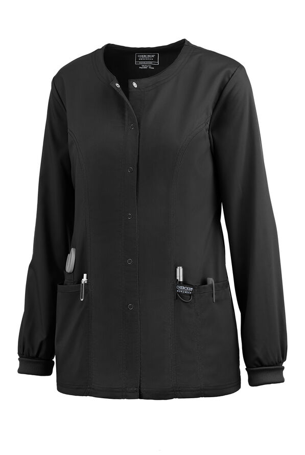 Cherokee Workwear Revolution Women's 3-Pocket STRETCH Snap Front Scrub Jacket - Black - 1