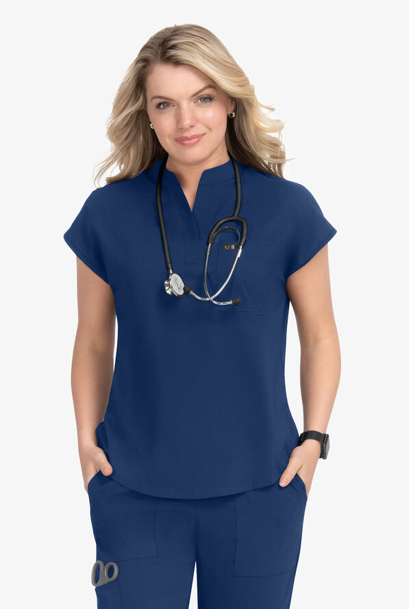koi Basics Ari Women's 1-Pocket STRETCH Dolman Sleeve Mandarin Collar Scrub Top - Navy - 2