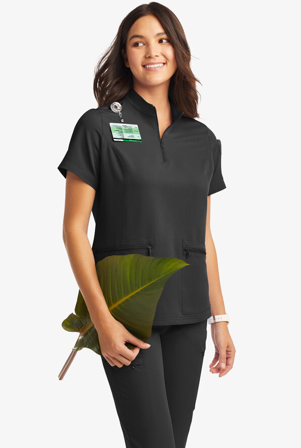 Butter-Soft Women's 5-Pocket Zipper Neck Short Sleeve Scrub Top **Slightly IRREGULAR** - Black - 2