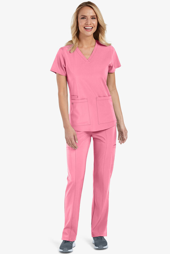 Med Couture Energy Serena Women's 3-Pocket STRETCH V-Neck Scrub Top - Taffy Pink - 2