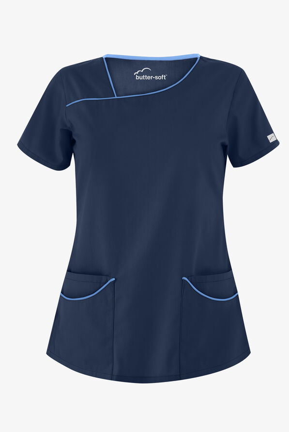 Butter-Soft Core Women's 4-Pocket Asymmetrical Neck Scrub Top - Navy/Ceil - 1
