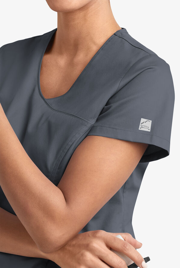 Butter-Soft STRETCH Women's 3-Pocket V-Neck Mock Wrap Scrub Top - Pewter - 3