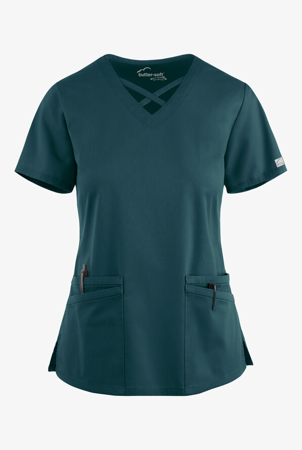 Blusa m&eacute;dica UA Butter-Soft STRETCH con lazos entrecruzados y 4 bolsillos para mujer - Caribbean Blue - 1