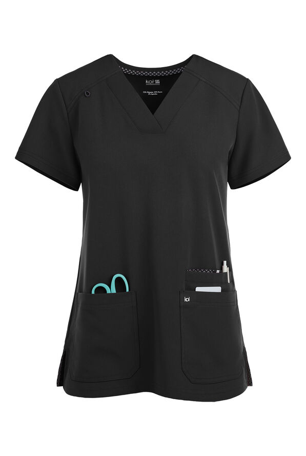 koi Next Gen Hustle and Heart Women's 3-Pocket STRETCH V-Neck Scrub Top - Black - 1