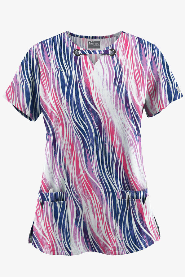 Butter-Soft STRETCH Water Waves Fuchsia Women’s 4-Pocket Grommet Neck Print Scrub Top - null - 1