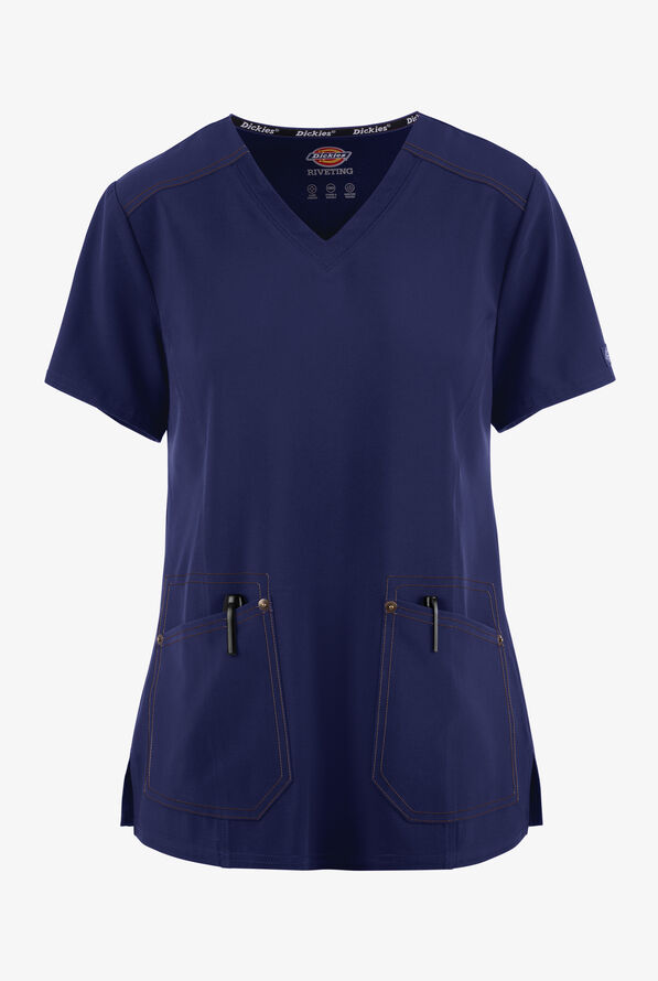 Dickies Riveting Women's 2-Pocket STRETCH Contrast Stitching V-Neck Scrub Top - Navy - 1