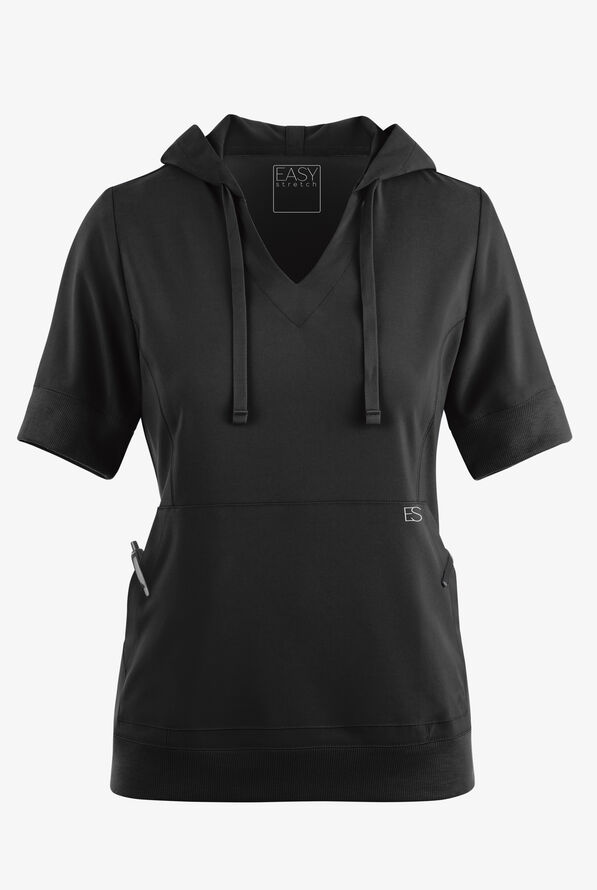 Easy STRETCH True Women's 3-Pocket Short Sleeve Pull-Over Scrub Hoodie - Onyx Black - 2
