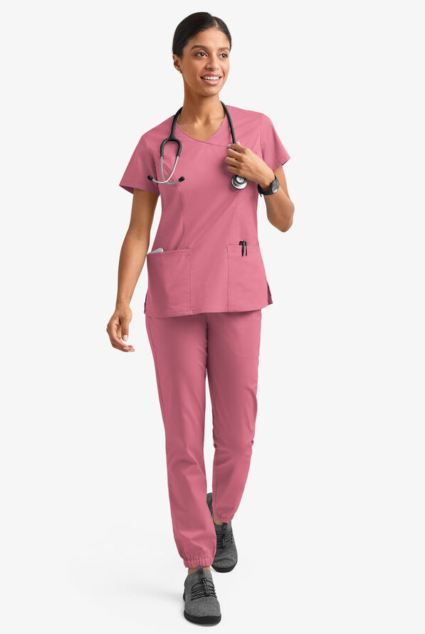 Blusa m&eacute;dica UA Butter-Soft STRETCH estilo cruzado con cuello en V y 3 bolsillos para mujer - Tea Rose - 6