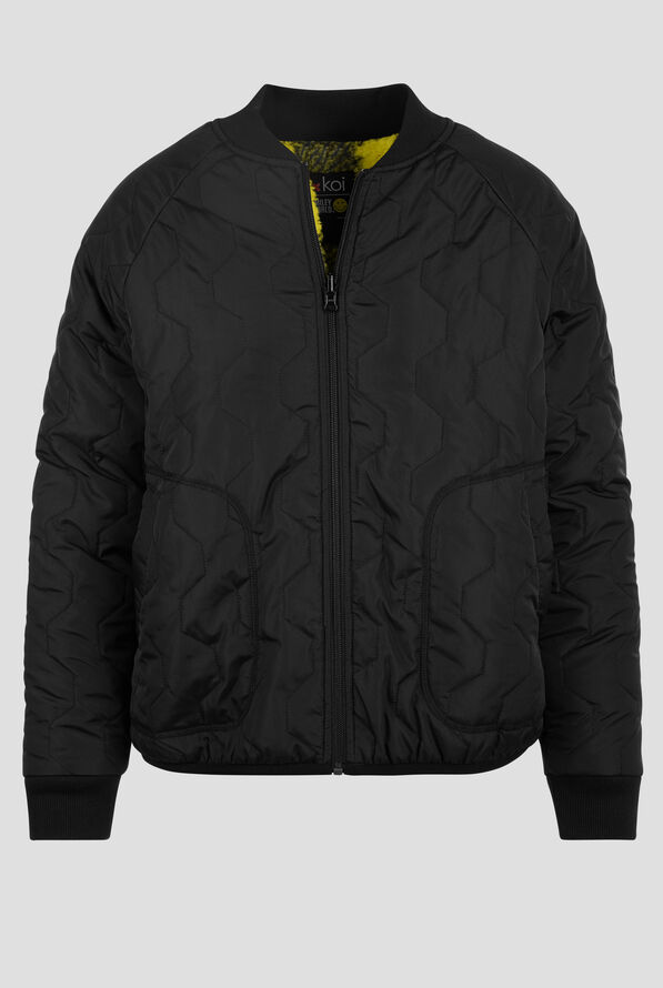 koi Smiley World Two Cool Women's 2-Pocket Reversible Scrub Jacket - Black/Yellow - 1