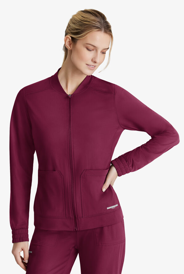 Skechers by Barco Slip-ins Contour Women's 3-Pocket STRETCH Zip Front Scrub Jacket - Wine - 2