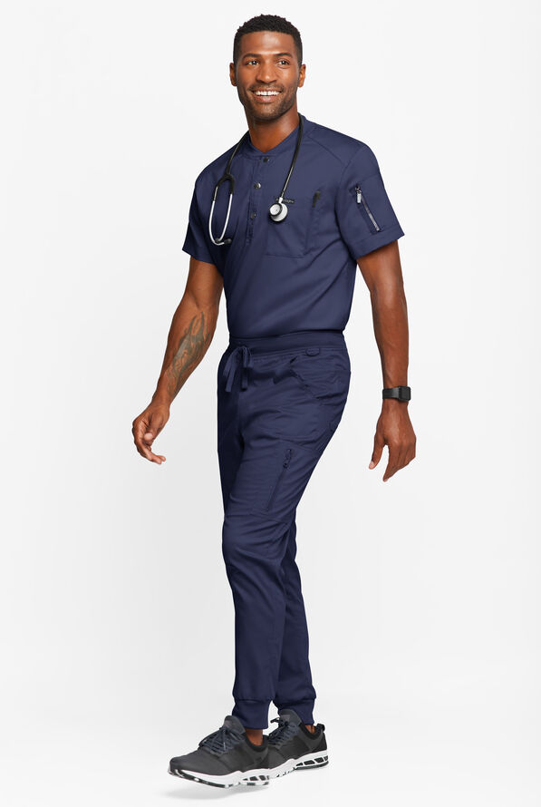 Advantage STRETCH Men's 2-Pocket Short Sleeve Henley Scrub Top - Navy - 4