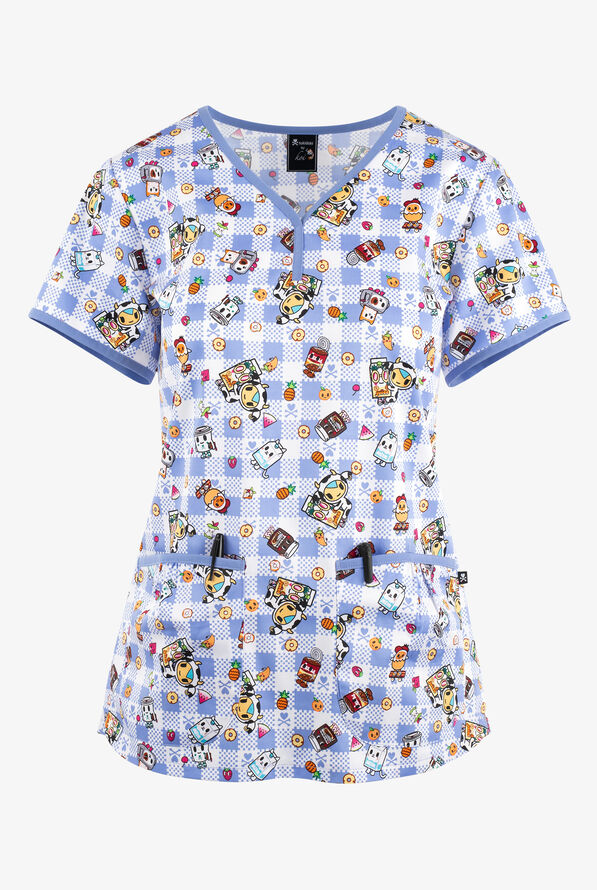 koi Tokidoki Summer Picnic Women's 2-Pocket STRETCH Y-Neck Print Scrub Top - null - 1