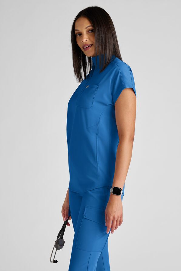 ReSurge Rhine Women's 5-Pocket Oversized Half Zip Stand Collar Scrub Top - Royal - 2