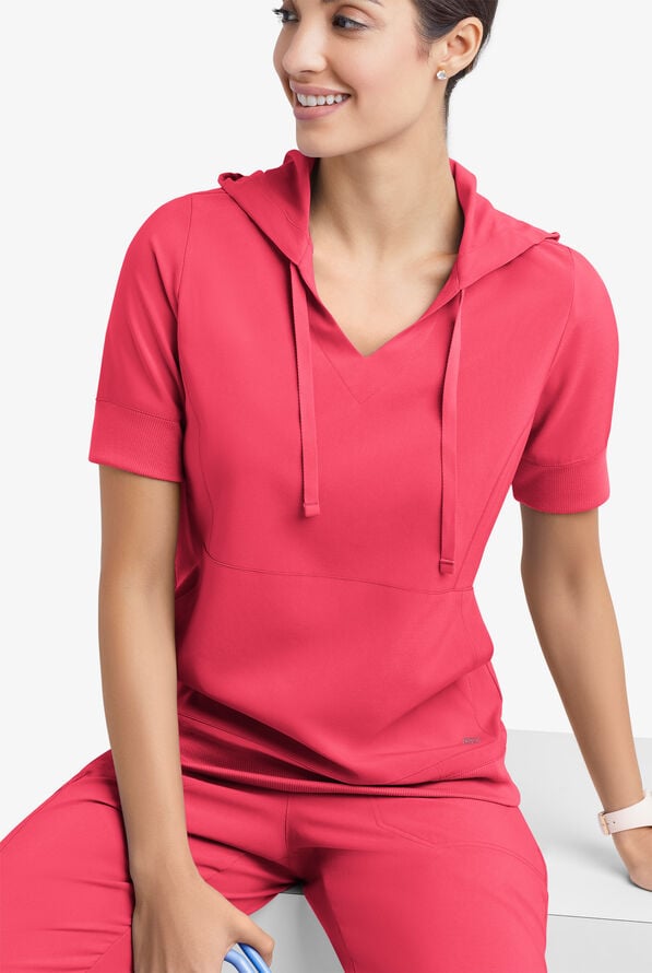 Easy STRETCH True Women's 3-Pocket Short Sleeve Pull-Over Scrub Hoodie - Bright Watermelon - 1
