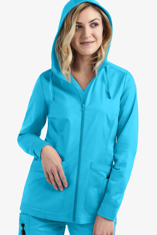 Butter-Soft STRETCH Women's 3-Pocket Zip-Front with Cozy Knit Hood and Trim Scrub Jacket - Turquoise - 3