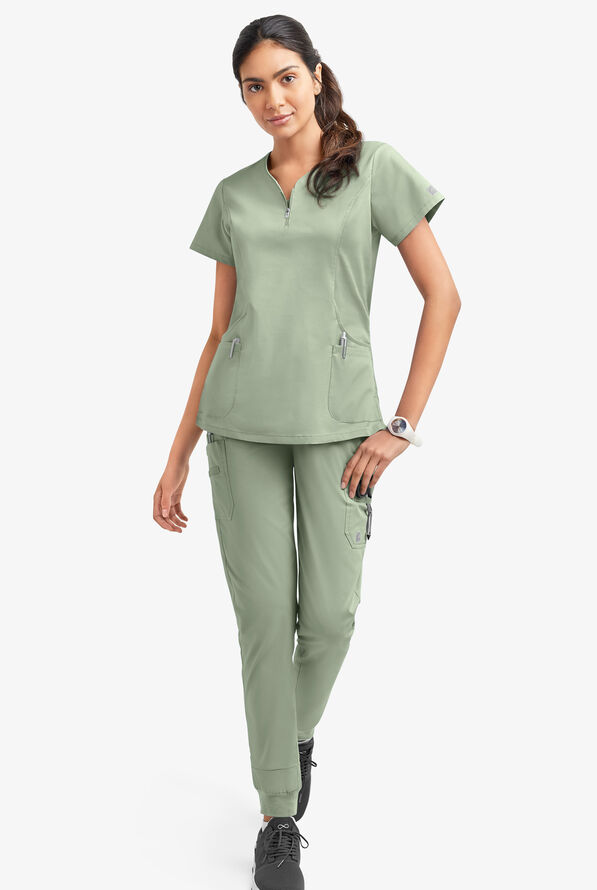 Butter-Soft STRETCH Women's 4-Pocket Curved Neck Zipper Scrub Top - Sage Green - 2