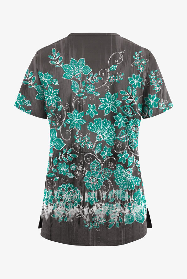 Blusa médica estampada Butter-Soft STRETCH Wildflower Border Pewter con cuello en V y 3 bolsillos para mujer - null - 2