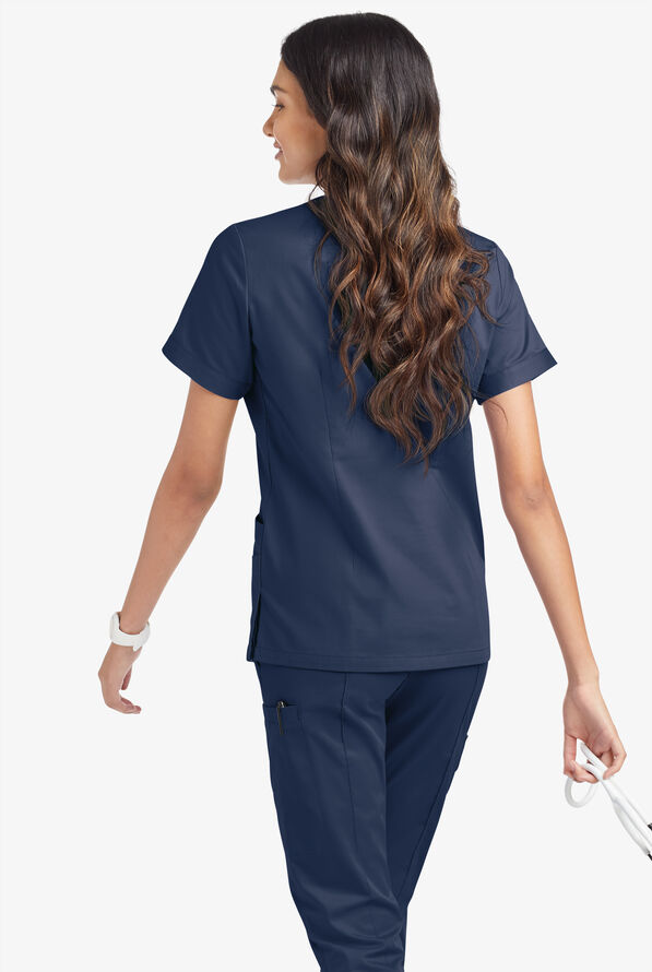 Butter-Soft STRETCH Women's 5-Pocket Short Sleeve V-Neck with Sport Trim Detail Scrub Top - Navy - 4