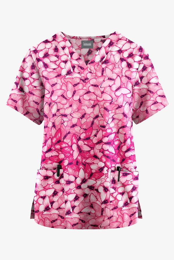 Blusa médica estampada Butter-Soft Originals Garden Butterflies Blush de corte clásico con cuello en V y 2 bolsillos para mujer - null - 1