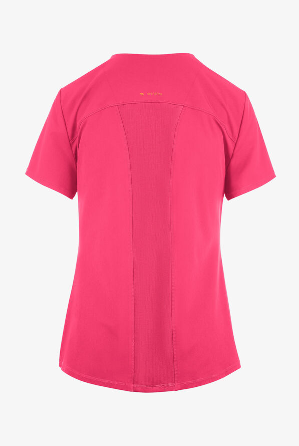 Infinity GNR8 Women's 1-Pocket STRETCH Rib-Knit Rounded V-Neck Scrub Top - Power Pink - 2