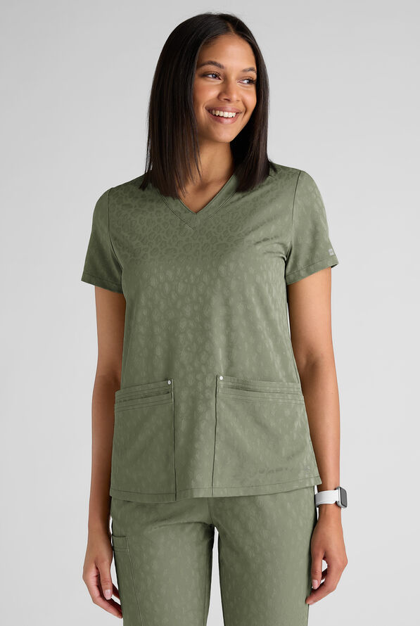 Easy STRETCH Lina Women's Jacquard 4-Pocket V-Neck Scrub Top - Olive Leaf - 1