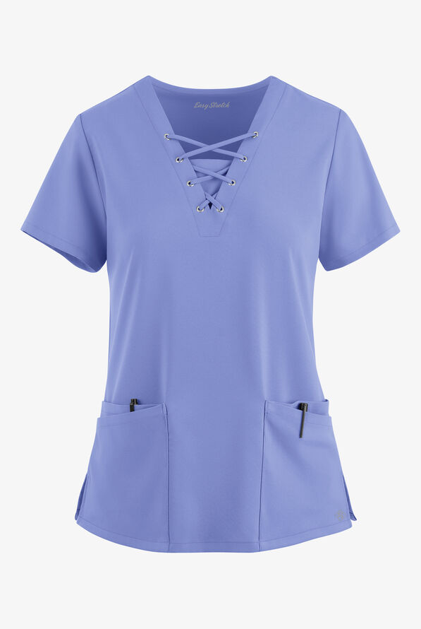 Easy STRETCH Gisele Women's 4-Pocket Lace Up V-Neck Scrub Top - Ceil Blue - 1