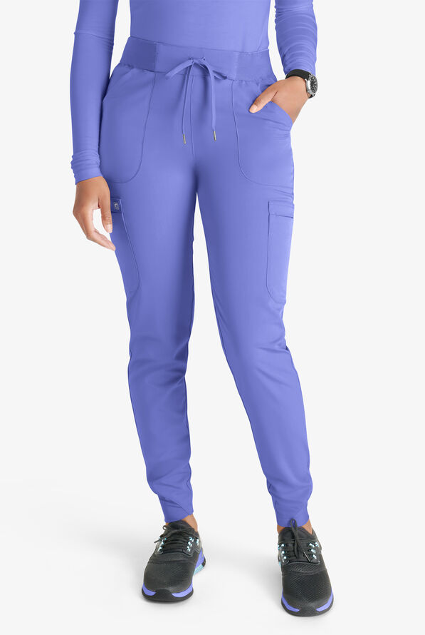 Cherokee Atmos Women's 4-Pocket STRETCH Coolmax Drawstring Cargo Half Jogger Scrub Pants - Ceil Blue - 1