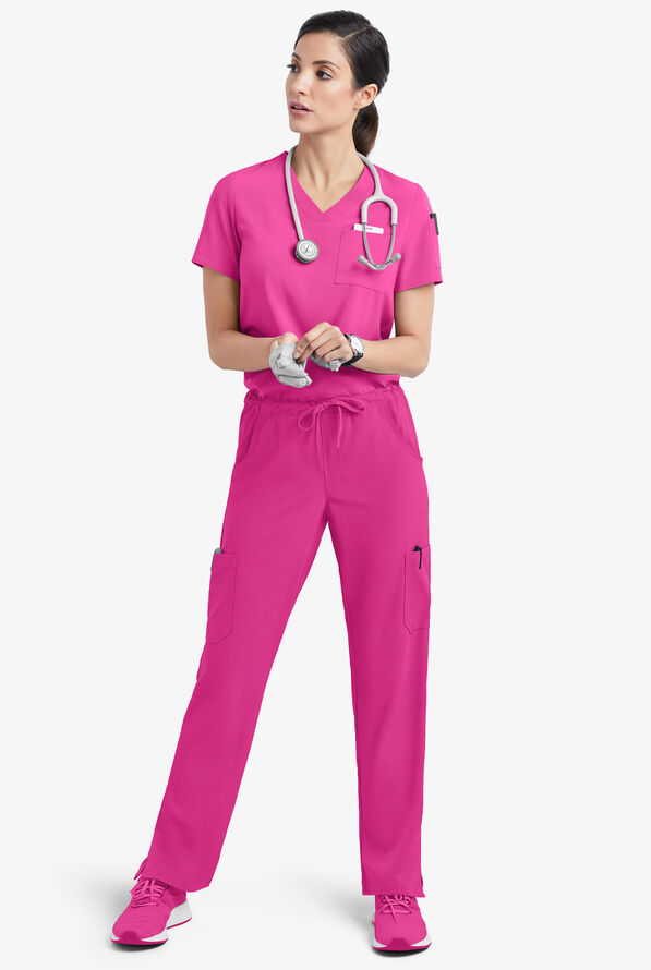 Easy STRETCH Chloe Women's 3-Pocket V-Neck Tuck-In Scrub Top - Glam Pink - 2