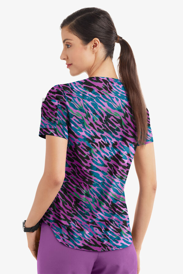 Easy STRETCH Abstract Animal Caribbean Blue Women's 1-Pocket Tuck-In Print Scrub Top - null - 3