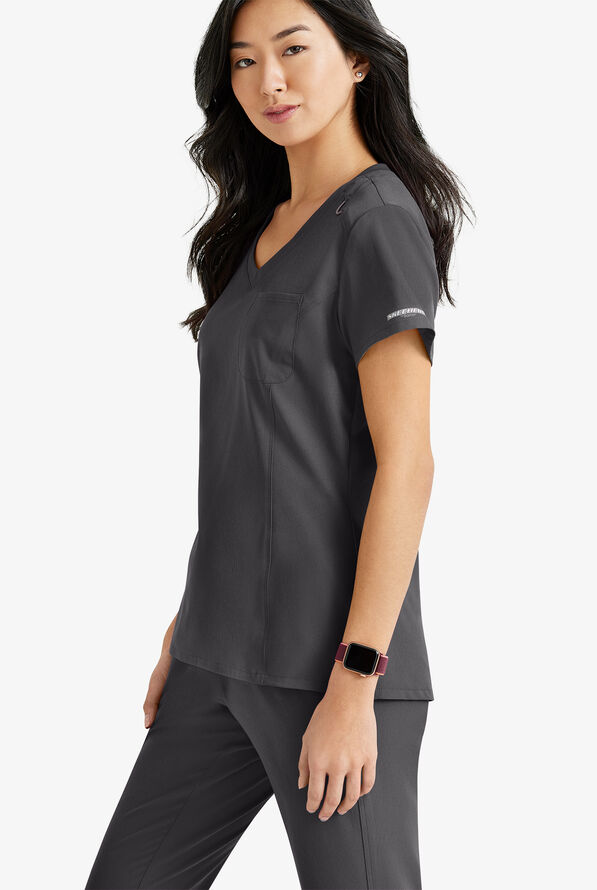 Skechers by Barco Dignity Women's 1-Pocket STRETCH Tuck In V-Neck Scrub Top - Pewter - 4
