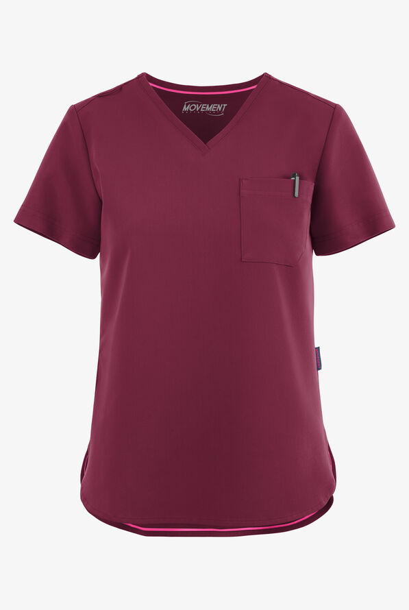 MOVEMENT by Butter-Soft Ceti Women's 1-Pocket V-Neck Tuck-In STRETCH Scrub Top - Wine - 1