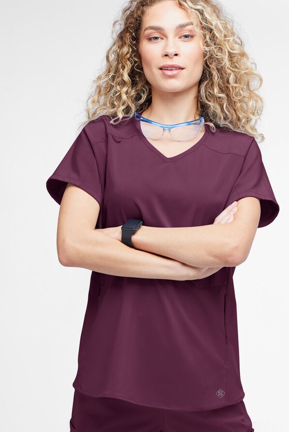 Easy STRETCH Sierra Women's Oversized 2 Pocket V-Neck Scrub Top - Dark Mulberry - 2