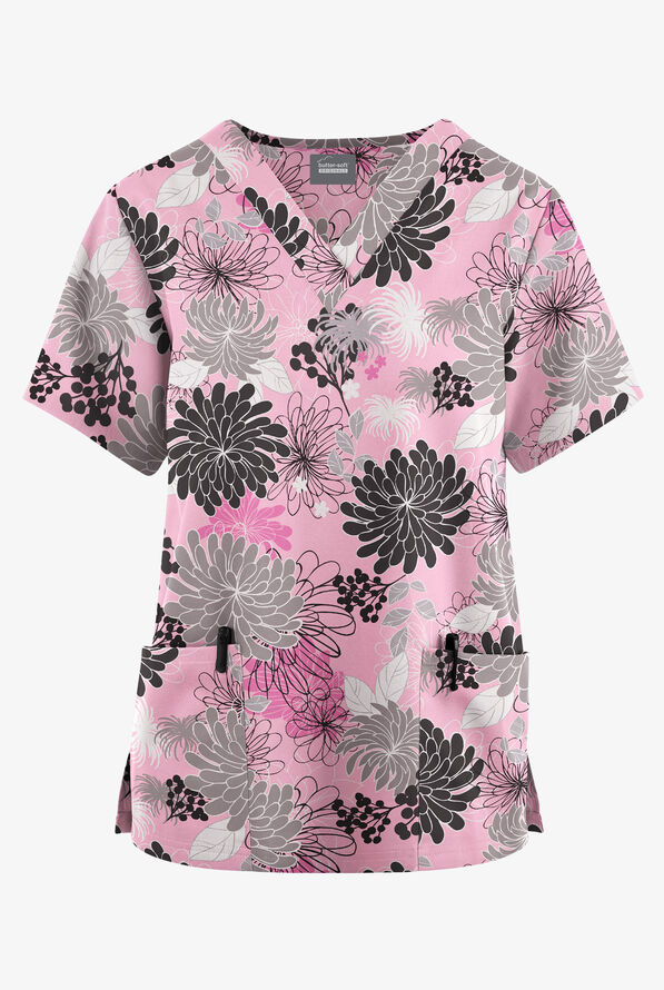 Butter-Soft Originals Floral Burst Blush Women's 2-Pocket V-Neck Print Scrub Top - null - 1
