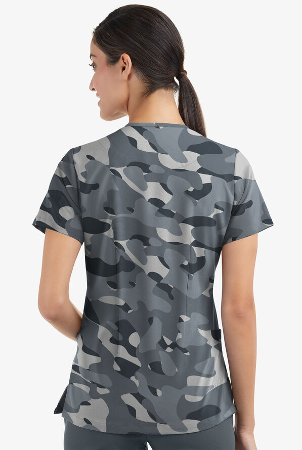 Easy STRETCH Cloud Camo Pewter Women's 2-Pocket Mitered V-Neck Print Scrub Top - null - 3