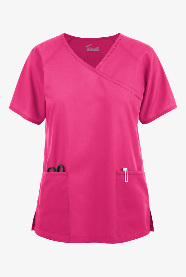Butter-Soft Originals Women's 3-Pocket Mock Wrap Raglan Sleeve Scrub Top - Fuchsia - 1