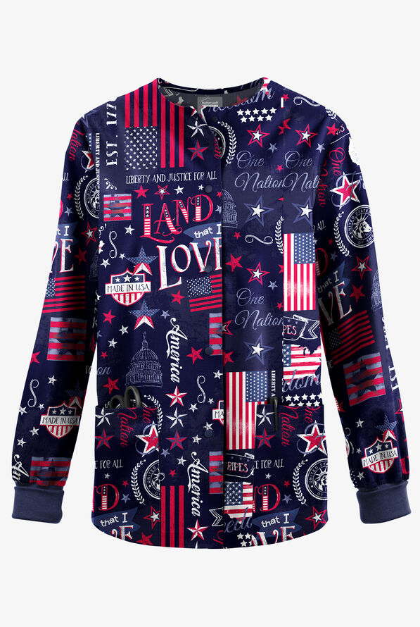 Butter-Soft Originals Freedom USA Navy Women's 3-Pocket Snap Front Print Scrub Jacket - null - 1