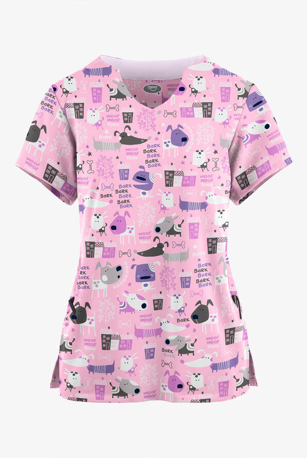 Happy Scrubs Bark Park Blush Women's 2-Pocket Scallop Neck Print Scrub Top - null - 1