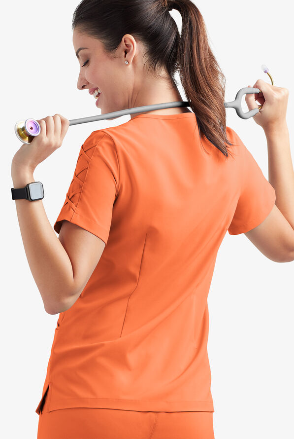 Easy STRETCH Kylie Woman's 5 Pocket V-Neck With Criss-Cross Detail Scrub Top - Coral Sunset - 4
