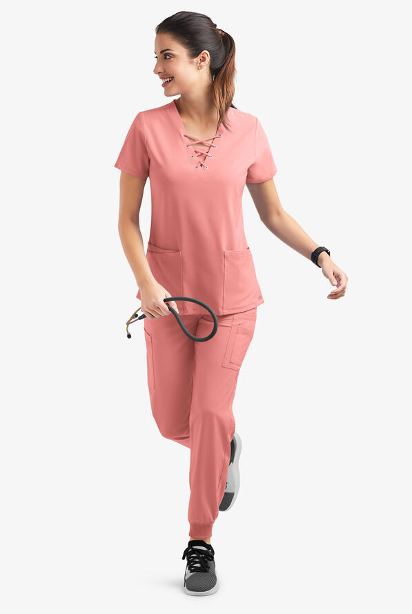 Easy STRETCH Gisele Women's 4-Pocket Lace Up V-Neck Scrub Top - Autumn Coral - 6